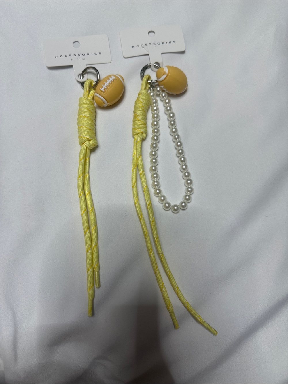 Yellow Football Tassel Keychain with Pearl Strap Set of 2